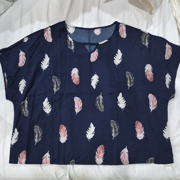 None Tops - Feather Print Navy Blue Women's Blouse Size 3X Work Office Grandma Cottagecore